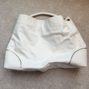 Express White Handbag with Silver Zipper Details, Snap Closure